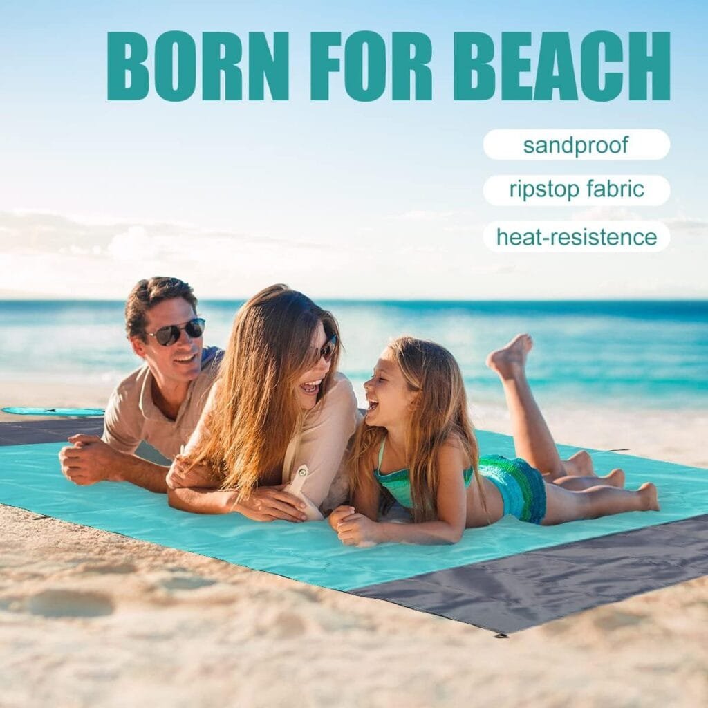Yonge  Finch Large Beach Blanket Sandproof Heat-Resistent Beach Mat Machine Washable Camp Blanket Packable Pocket Blanket Waterproof Outdoor Blanket Fit 4-7 Persons 83 * 79inch Acid Blue