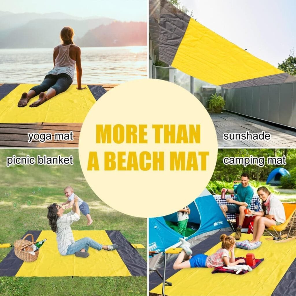 Yonge  Finch Large Beach Blanket Sandproof Heat-Resistent Beach Mat Machine Washable Camp Blanket Packable Pocket Blanket Waterproof Outdoor Blanket Fit 4-7 Persons 83 * 79inch Acid Blue