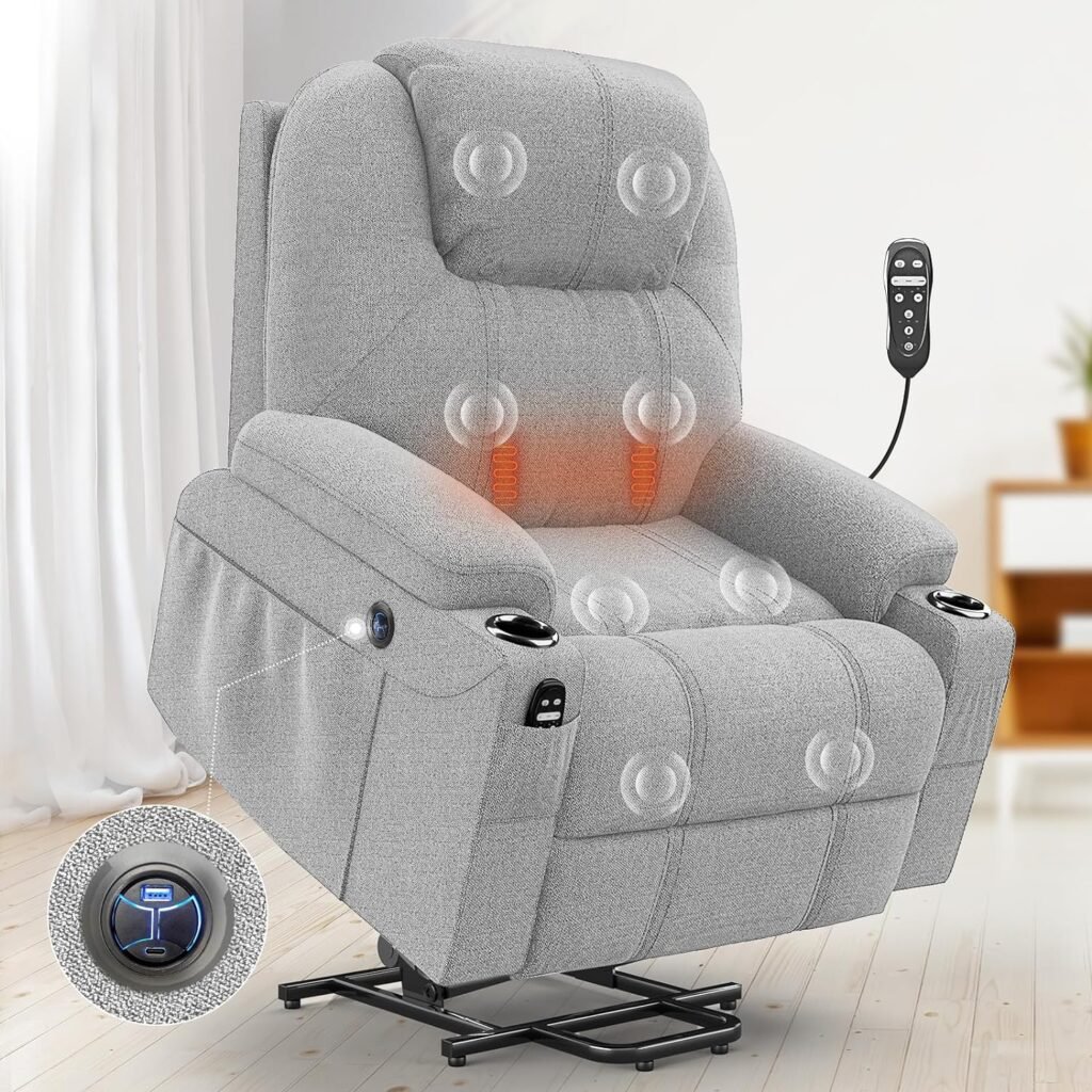 YONISEE Large Lift Chairs Recliner for Elderly - Power Lift Chair Modern with Massage and Heat, Infinite Position, Extended Footrest, USB  Tape C Ports and Cup Holders, Soft Light Grey