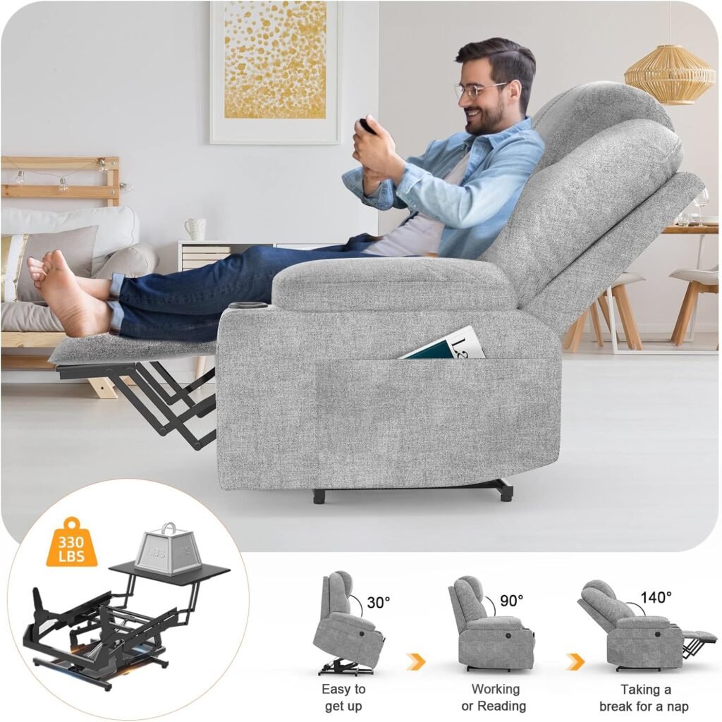 YONISEE Large Lift Chairs Recliner for Elderly - Power Lift Chair Modern with Massage and Heat, Infinite Position, Extended Footrest, USB  Tape C Ports and Cup Holders, Soft Light Grey