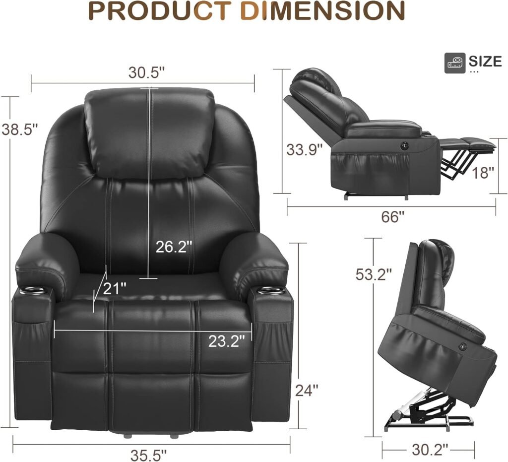 YONISEE Power Lift Chairs Recliner for Elderly with Massage and Heat - Heavy Duty Extra High Backrest Reclining Chair for Tall, Overstuffed Fabric Cozy Sofa with 2 Side Pocket, Dark Gray