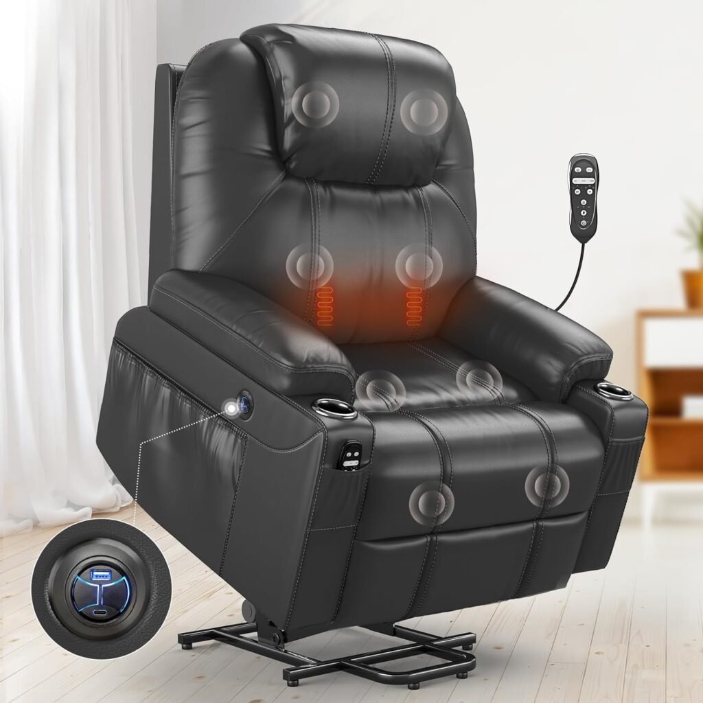 YONISEE Power Lift Chairs Recliner for Elderly with Massage and Heat - Heavy Duty Extra High Backrest Reclining Chair for Tall, Overstuffed Fabric Cozy Sofa with 2 Side Pocket, Dark Gray