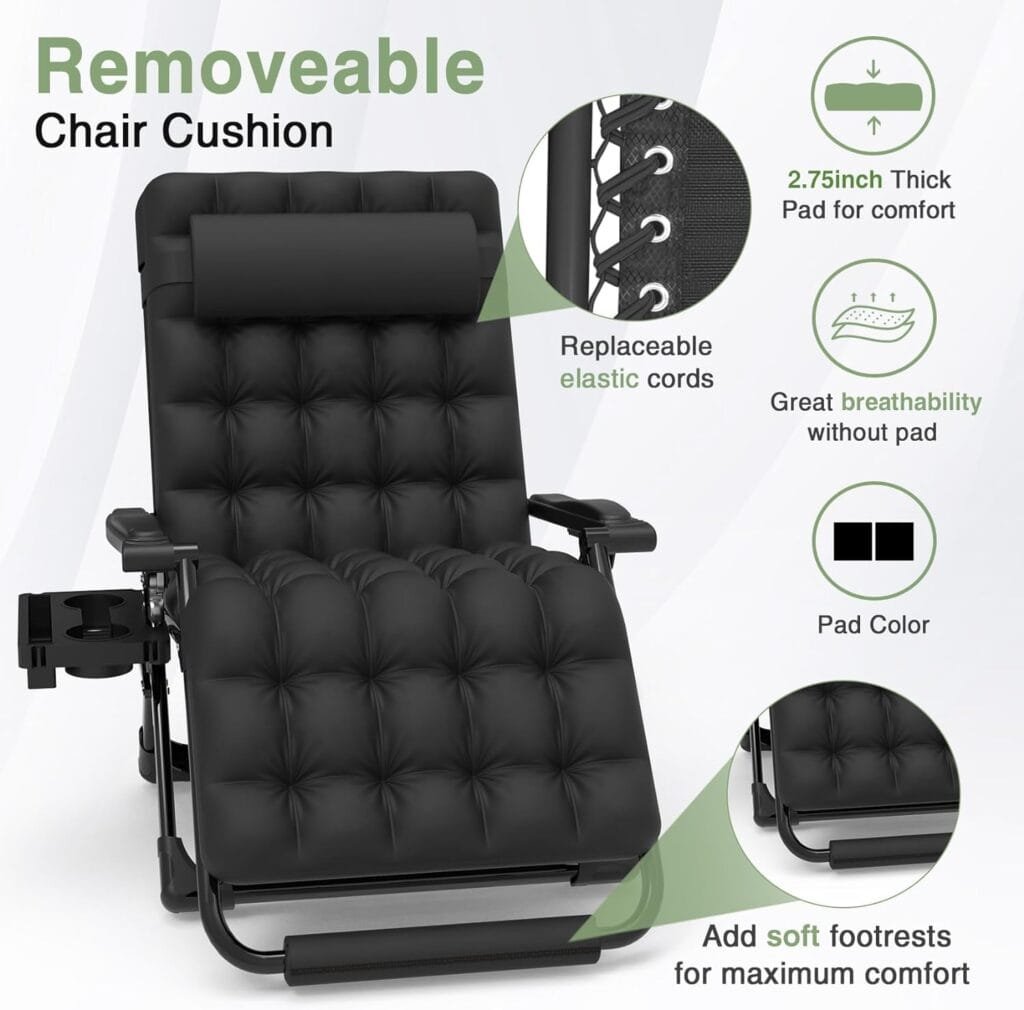 ZENPETIO Oversized Zero Gravity Chairs XXL, Adjustable Zero Gravity Lawn Chair with Larger Seat, Lounge Chair with Cushion Cup Holder, Ergonomic Design for Relax, Support 500LBS