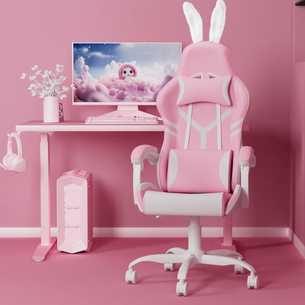 ZHISHANG Pink Gaming Chair, Pink Gamer Chair for Girls, Kawaii PC Computer Gaming Chair Ergonomic with Height Adjustable Lumbar Support for Women Adults Teens, 300lbs, Gift(Pink)