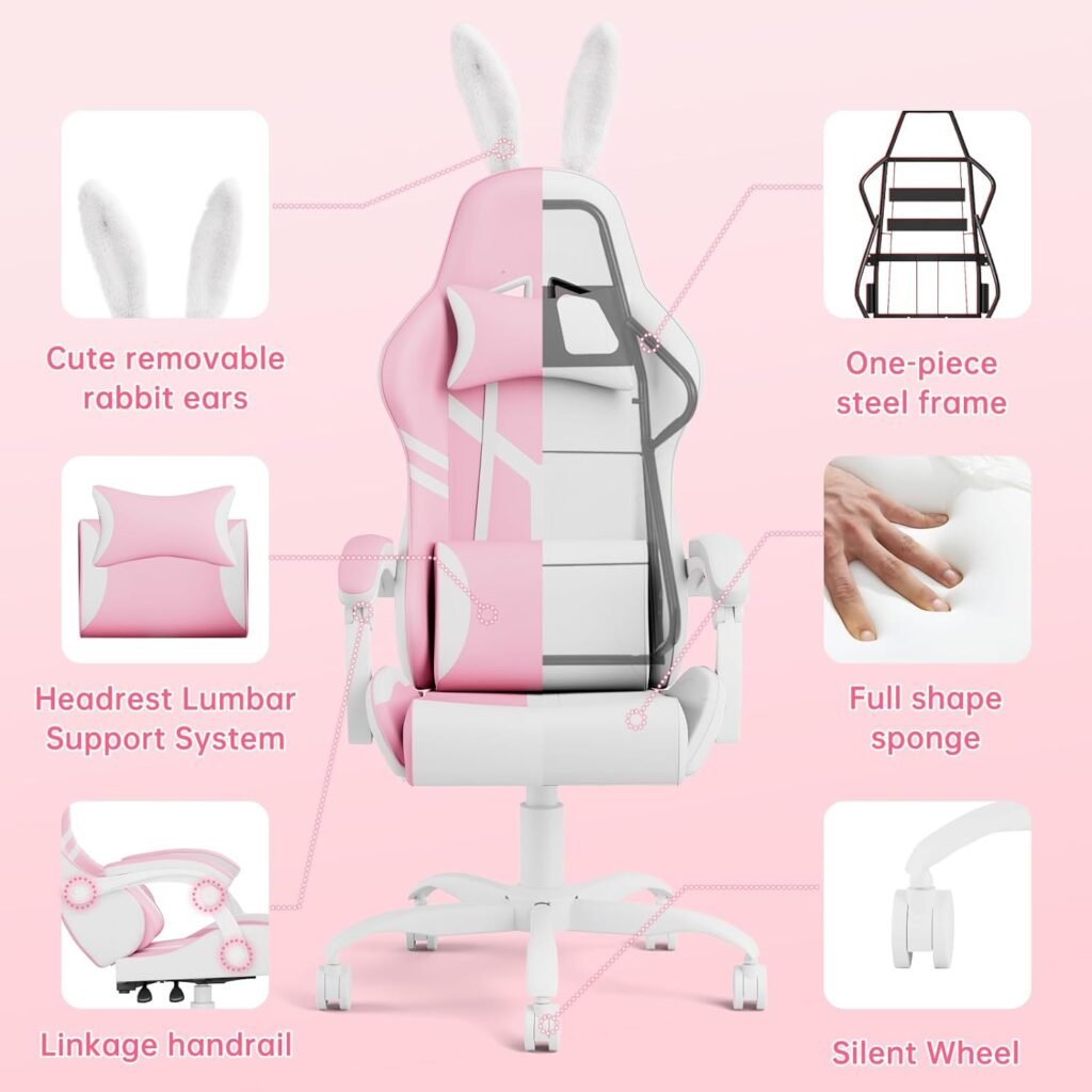 ZHISHANG Pink Gaming Chair, Pink Gamer Chair for Girls, Kawaii PC Computer Gaming Chair Ergonomic with Height Adjustable Lumbar Support for Women Adults Teens, 300lbs, Gift(Pink)