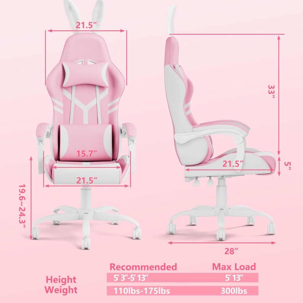 ZHISHANG Pink Gaming Chair, Pink Gamer Chair for Girls, Kawaii PC Computer Gaming Chair Ergonomic with Height Adjustable Lumbar Support for Women Adults Teens, 300lbs, Gift(Pink)