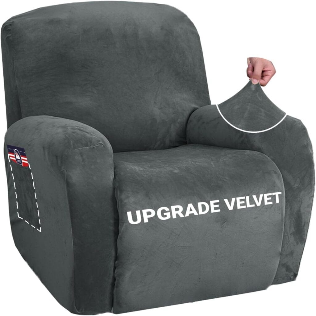ZNSAYOTX Stretch Velvet Recliner Covers 4-Pieces, Thicker Soft Plush Recliner Chair Slipcover with Side Pockets, Washable Luxury Dog Cat Pets Proof Reclining Protector (Recliner, Grey)