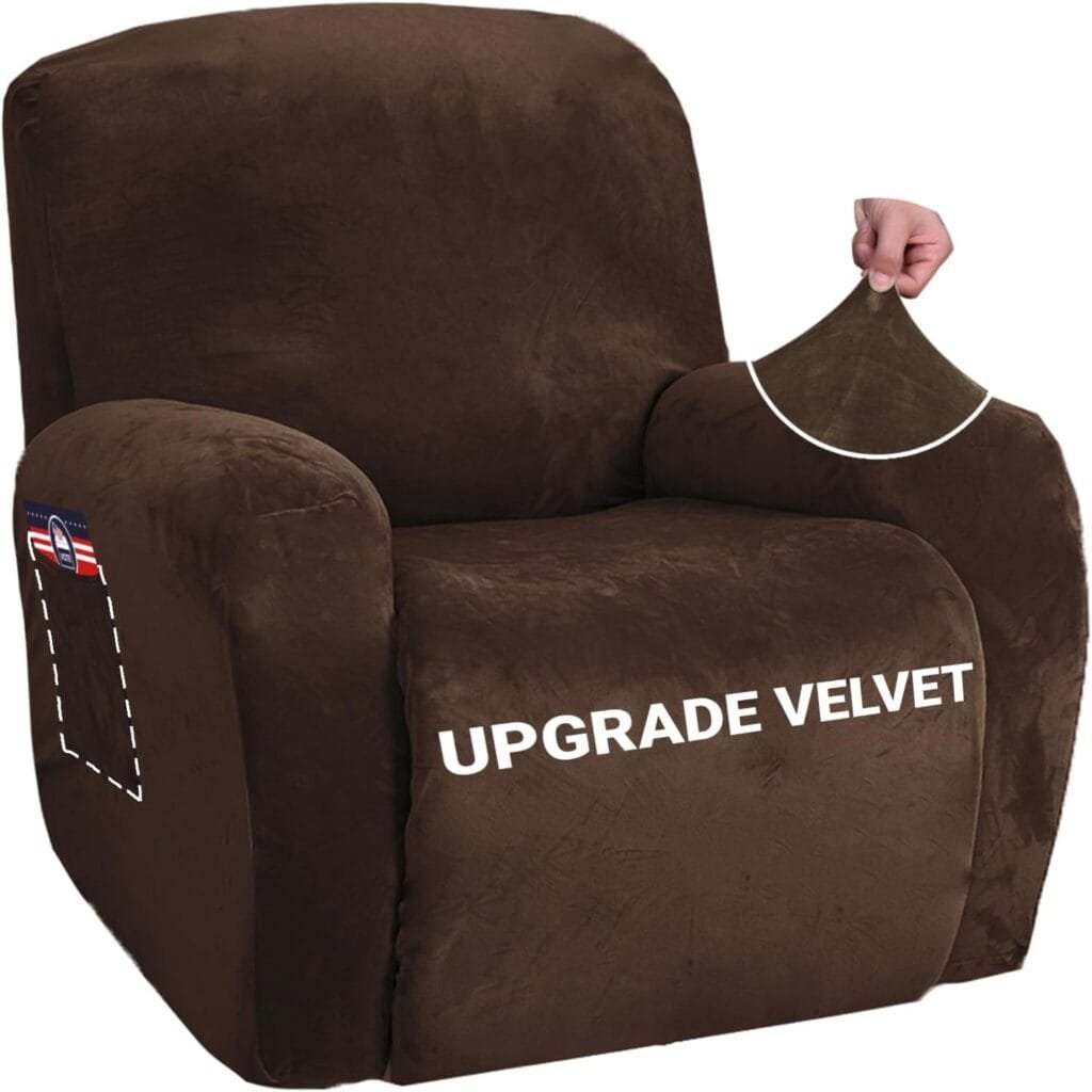 ZNSAYOTX Stretch Velvet Recliner Covers 4-Pieces, Thicker Soft Plush Recliner Chair Slipcover with Side Pockets, Washable Luxury Dog Cat Pets Proof Reclining Protector (Recliner, Grey)