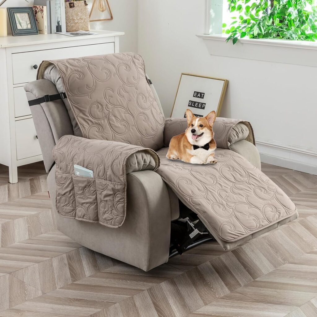 100% Waterproof Recliner Chair Cover, Recliner Chair Covers for Reclining Chair, Non-Slip Fabric Recliner Couch Cover for Living Room, for Pets Kids Protector, Washable (Taupe, 23Recliner Chair)