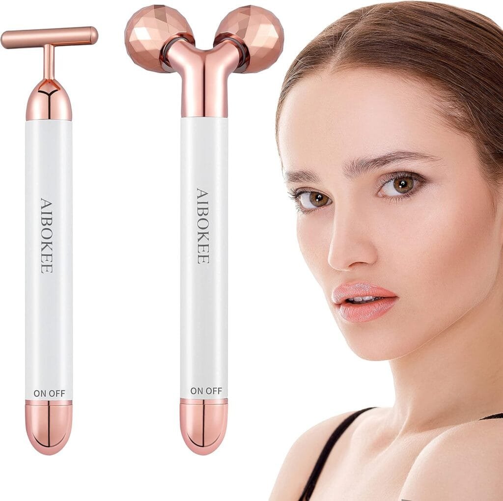 2 In 1 Face Massager Electric,AIBOKEE 3D Face Massager Roller and T Shape Facial Massager Roller Vibrating,Skincare Tools For Face Arm Eye Waist Leg,Powered By One AA Battery,Support Up To 18 Hrs