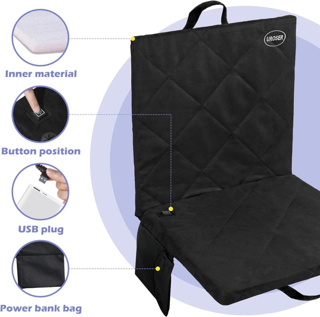 2023 Upgraded Portable Heated Seat Cushion With Handle,【No Power Bank】16IN 3 Mode Adjustable USB Power Heated Foldable Heated Seat Cushion Back Chair Pad for Office, Park, Boat, Stadium, Camping