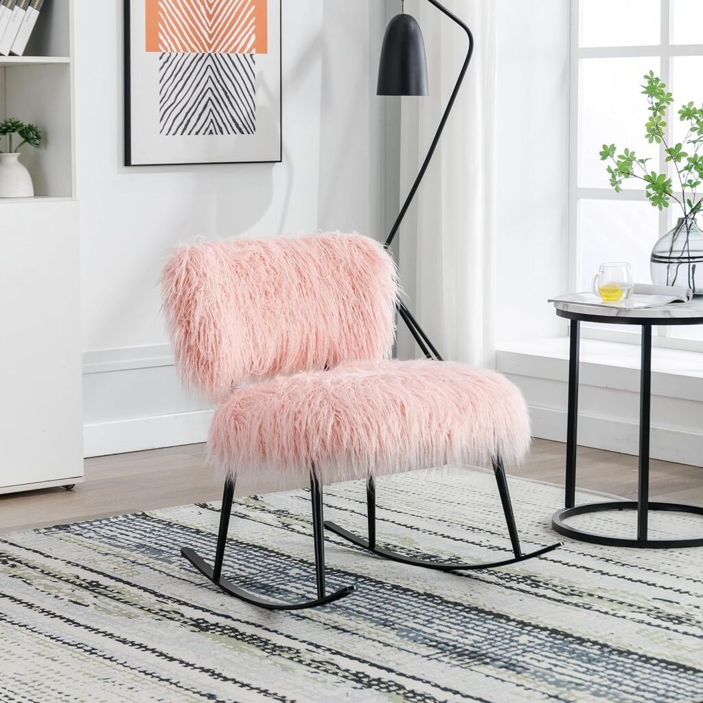 25.2 Nursery Rocking Chair,Wide Faux Fur Plush Baby Nursing Chair with Metal Rocker, Fluffy Upholstered Glider Chair, Comfy Mid Century Modern Chair for Living Room, Bedroom (Pink)