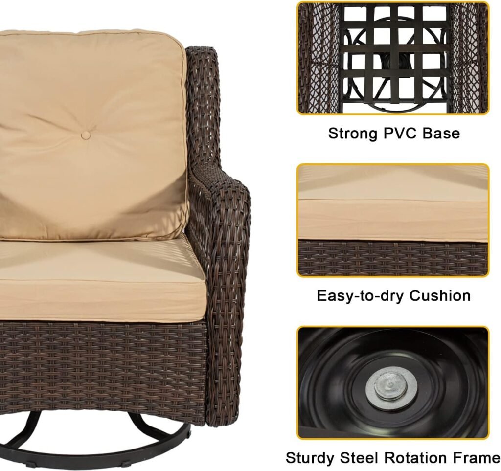 3 PC Wicker Rocking Chairs set of 3, Outdoor 360 Degree Swivel Rocker Set, Wicker Patio Chairs Set of 2 with Glass-Top Side Table, 3 Piece Wicker Patio Bistro Set, Furniture Sets with Thick Cushions