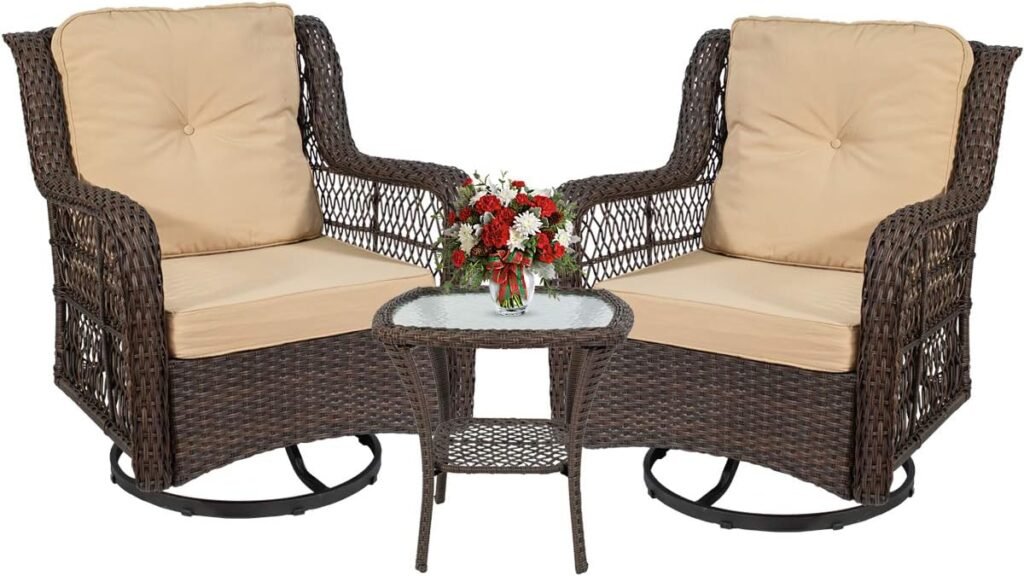 3 PC Wicker Rocking Chairs set of 3, Outdoor 360 Degree Swivel Rocker Set, Wicker Patio Chairs Set of 2 with Glass-Top Side Table, 3 Piece Wicker Patio Bistro Set, Furniture Sets with Thick Cushions