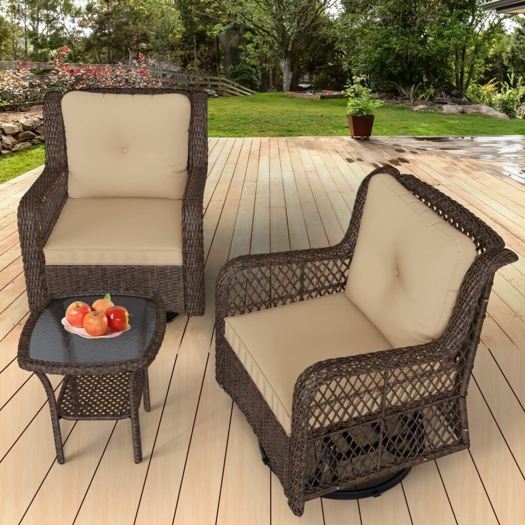 3 PC Wicker Rocking Chairs set of 3, Outdoor 360 Degree Swivel Rocker Set, Wicker Patio Chairs Set of 2 with Glass-Top Side Table, 3 Piece Wicker Patio Bistro Set, Furniture Sets with Thick Cushions