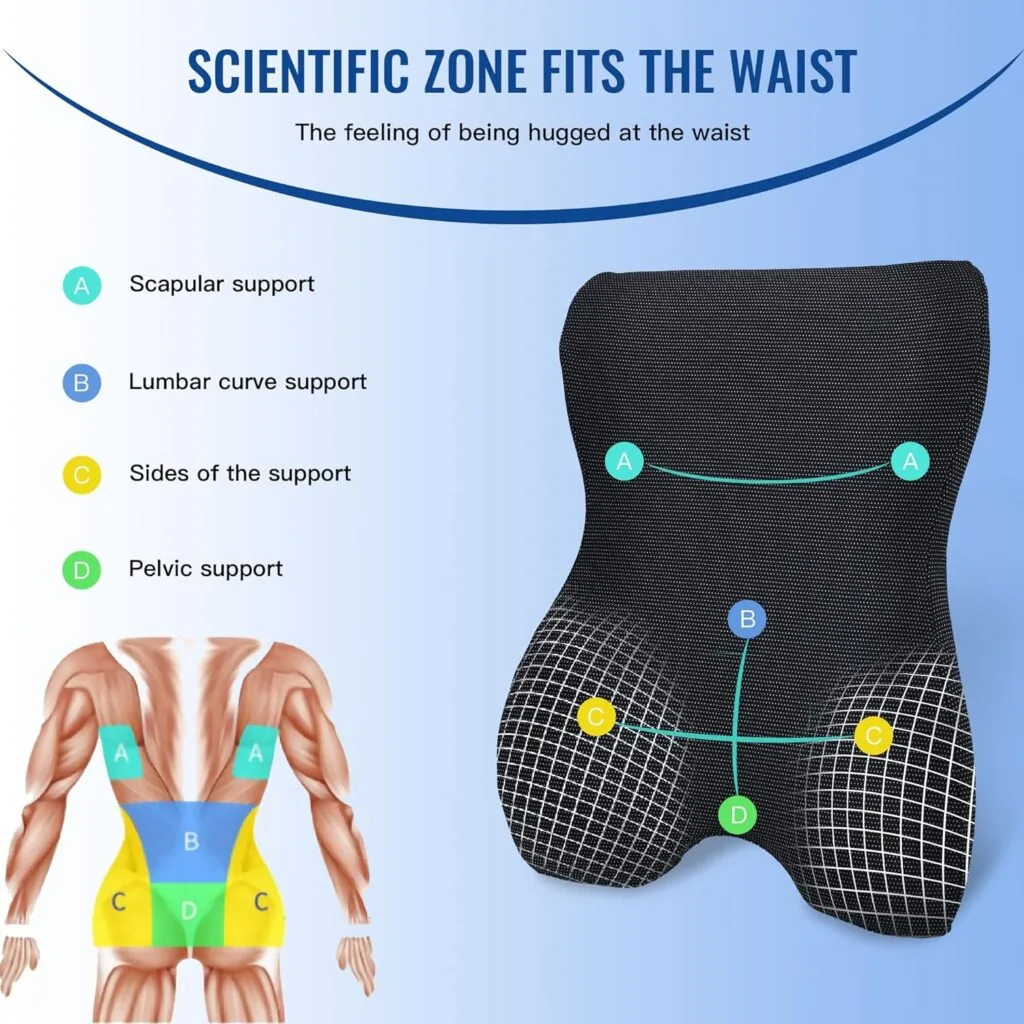 4R Lumbar Support Pillow for Office Chair, Back Support Pillow for Car/Computer/Gaming Chair, Memory Foam Back Rest Cushion Pillows for Back Pain Relief, Breathable Cover and Adjustable Strap