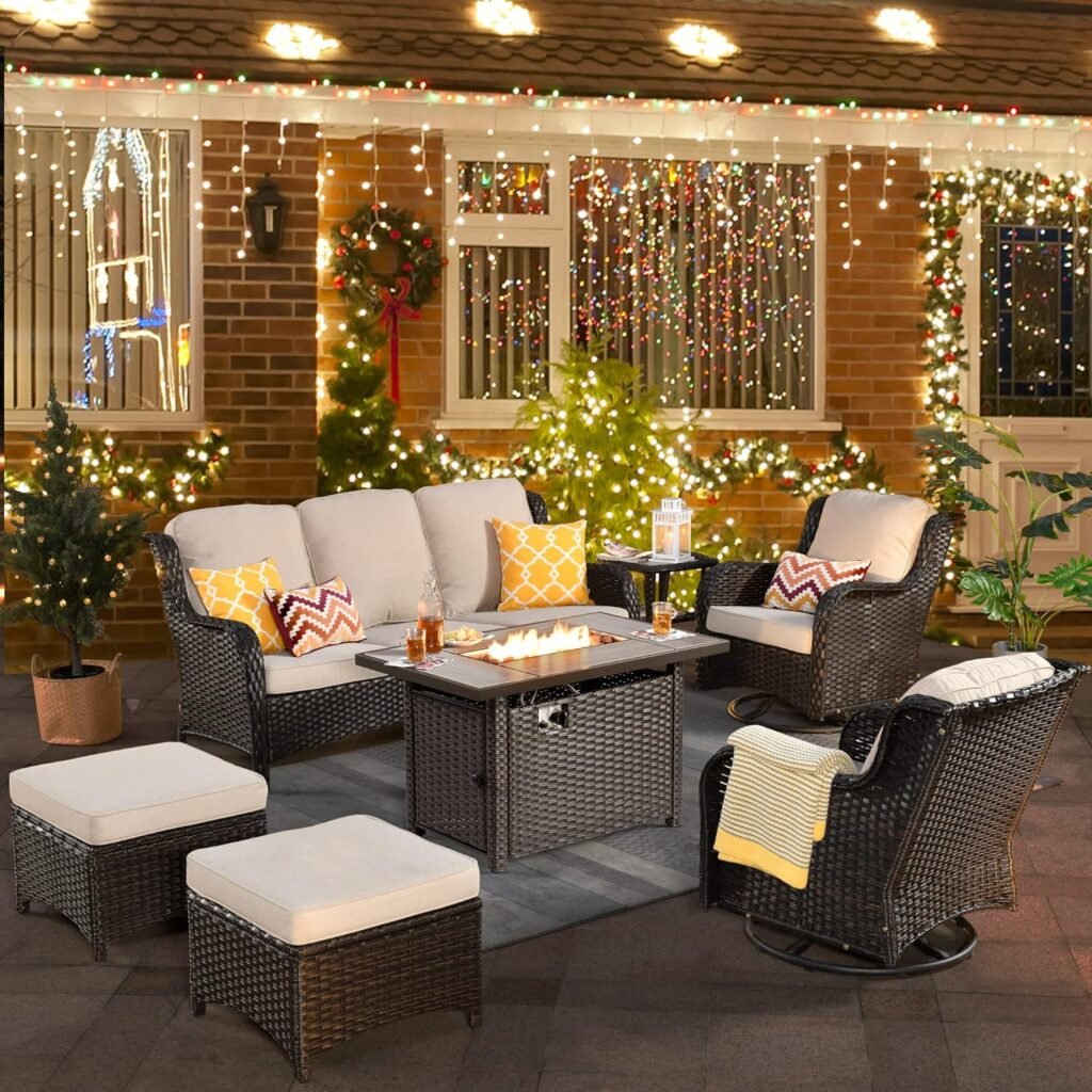 6 Piece Outdoor Patio Furniture Set Wicker Conversation Bistro Set Swivel Rocking Chairs with Side Table and Ottomans for Backyard, Porch, Balcony,Brown Wicker Beige