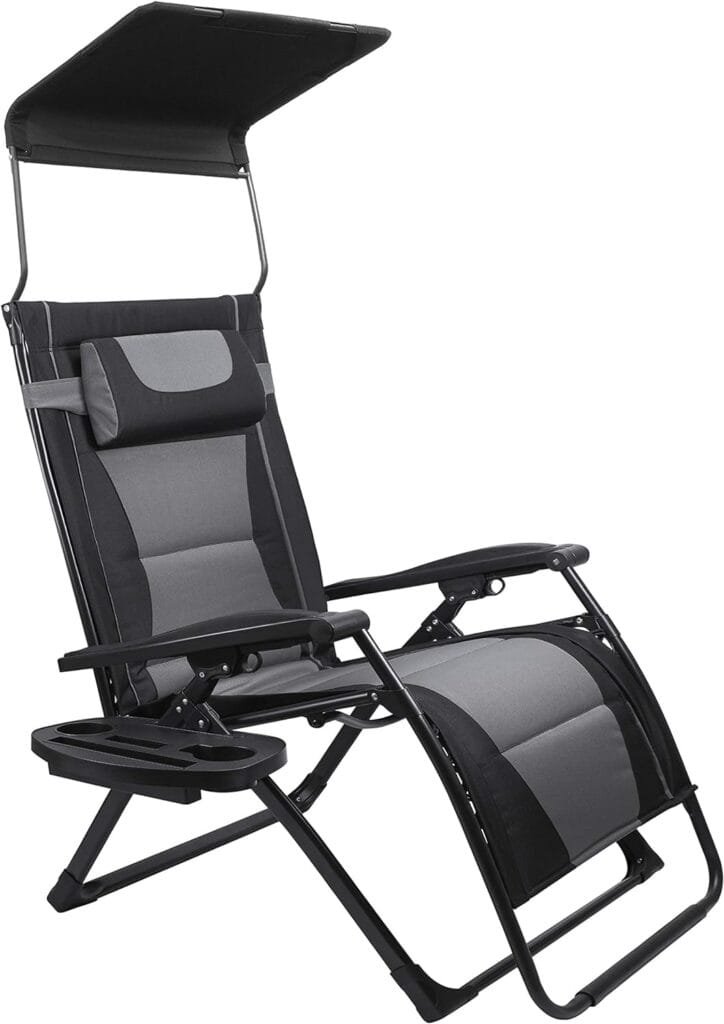 Adako USA XXL Oversize Recliner Folding Chair for Camping Patio Outdoors Zero Gravity Extra Wide Reclining Padded Seats with Sunshade and Cup Holder Tray [Heavy Duty]