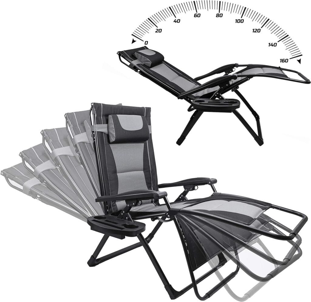 Adako USA XXL Oversize Recliner Folding Chair for Camping Patio Outdoors Zero Gravity Extra Wide Reclining Padded Seats with Sunshade and Cup Holder Tray [Heavy Duty]