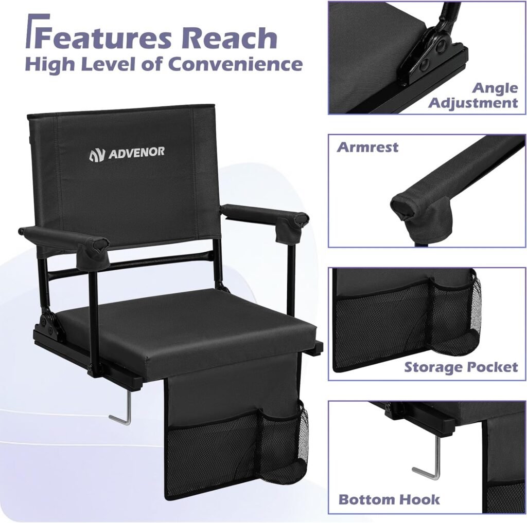 ADVENOR Portable Stadium Seat with Back Support for Bleacher -2 Pack, Adjustable 6 Reclining Position, 2 Pockets Thick Padded Cushion Ideal for Basketball Soccer Sport Events