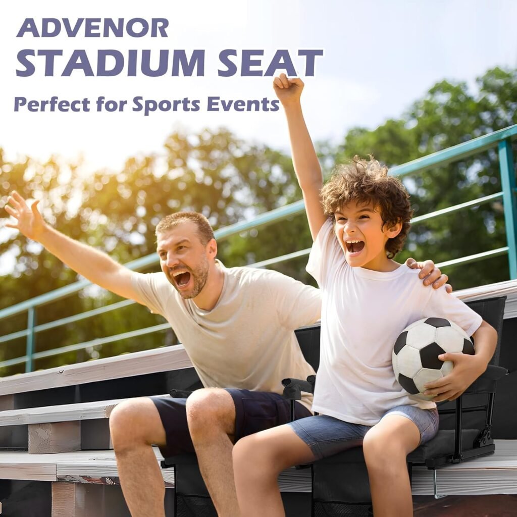 ADVENOR Portable Stadium Seat with Back Support for Bleacher -2 Pack, Adjustable 6 Reclining Position, 2 Pockets Thick Padded Cushion Ideal for Basketball Soccer Sport Events