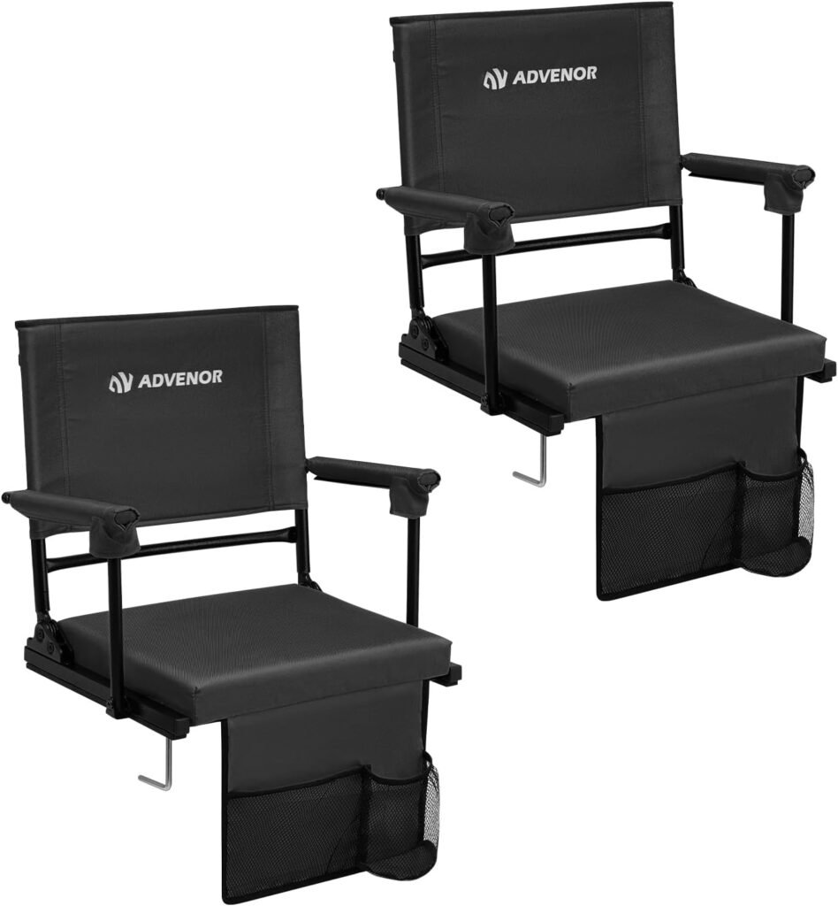 ADVENOR Portable Stadium Seat with Back Support for Bleacher -2 Pack, Adjustable 6 Reclining Position, 2 Pockets Thick Padded Cushion Ideal for Basketball Soccer Sport Events