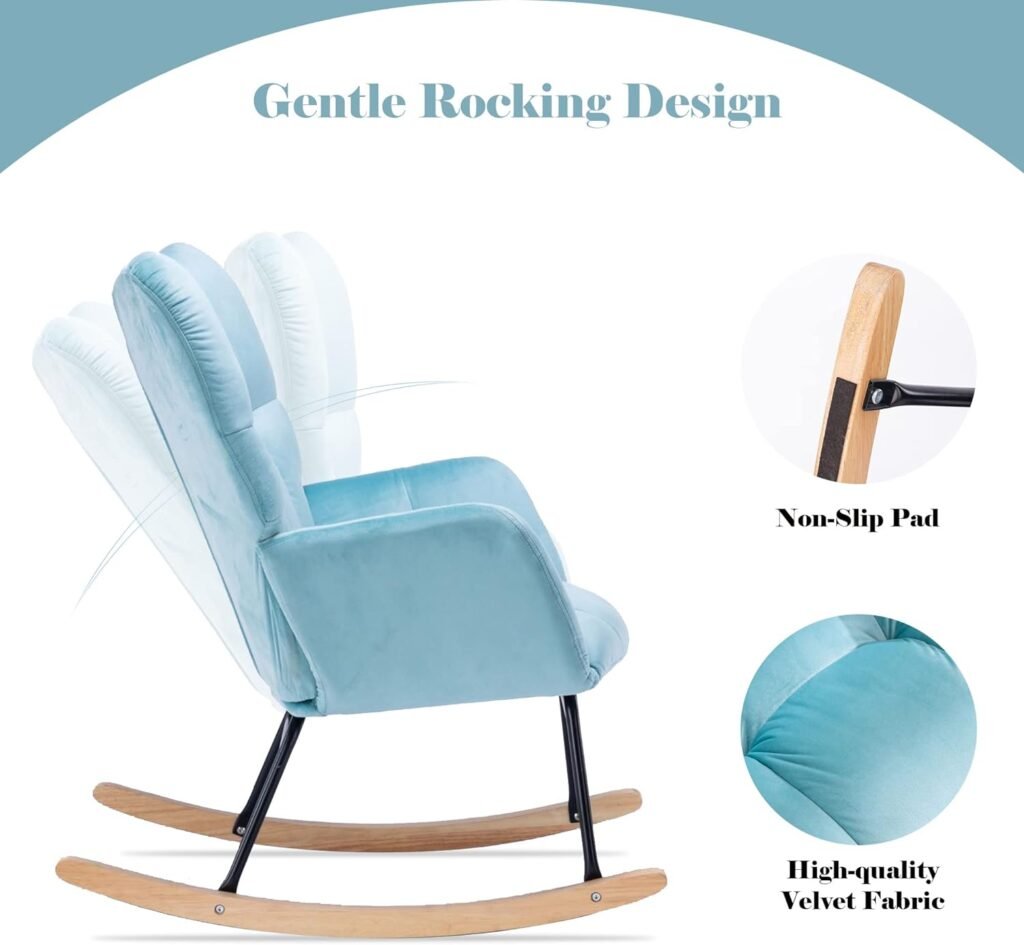 Affmitime Nursery Rocking Chair Indoor, Teddy Fabric Nursing Chair for Mom and Baby, Modern Upholstered Rocker Glider Chair with High Backrest for Bedroom Office Living Room (Light Blue)