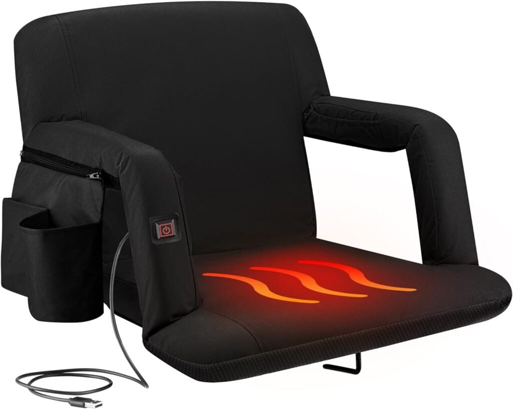 Alpcour Heated Folding Stadium Seat – Deluxe Reclining Bleacher Chair with Back  Arm Support – Extra Thick, Lightweight and Waterproof with Detachable Pocket for Phone, Drinks, and Food