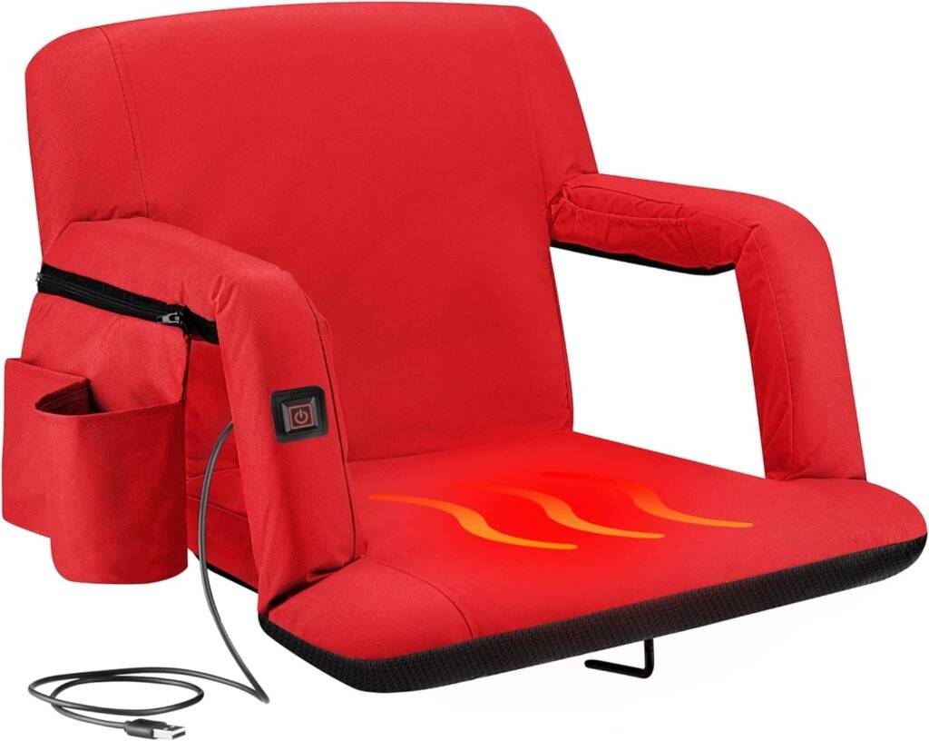 Alpcour Heated Folding Stadium Seat – Deluxe Reclining Bleacher Chair with Back  Arm Support – Extra Thick, Lightweight and Waterproof with Detachable Pocket for Phone, Drinks, and Food