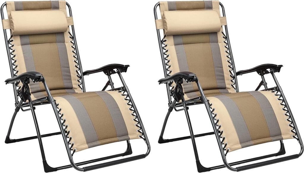 Amazon Basics Outdoor Padded Adjustable Zero Gravity Folding Reclining Lounge Chair with Pillow - Pack of 2,Cotton, Beige