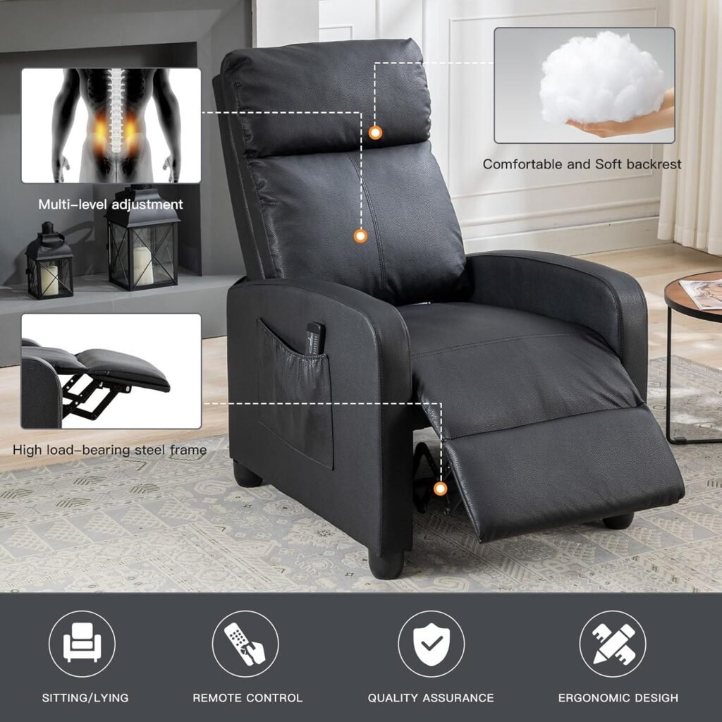 ANJ PU Leather Massage Recliner Chair Winback Recliner Chairs, Modern Padded Seat Reclining Chair Single Sofa for Living Room, Adjustable Home Theater Seating Office (Black)