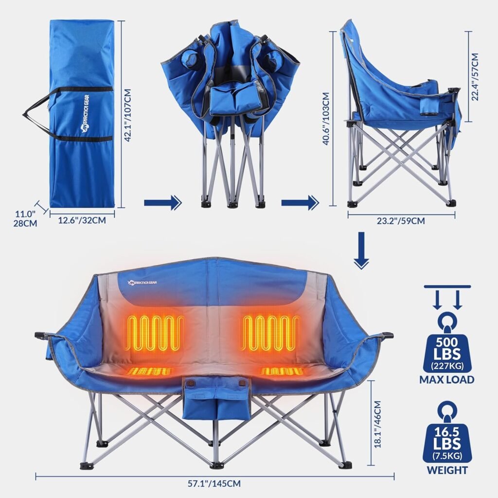 ANTARCTICA GEAR Heated Double Camping Chair, 2-Person Folding Chair with 12V 16000mAh Battery Pack, Heated Portable Loveseat Chair, for Outdoor