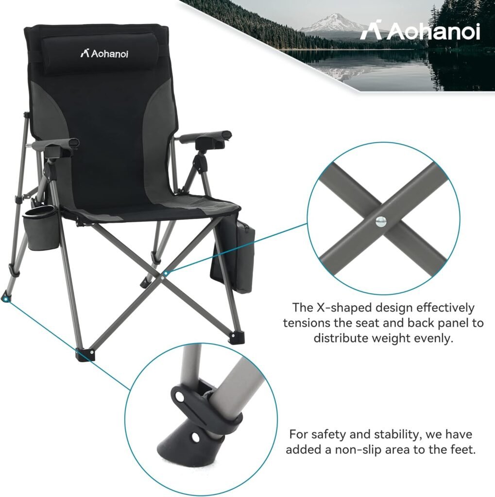 Aohanoi Camping Chairs, Camping Chairs for Heavy People, Outdoor Folding Chairs with Adjustable Angled Backrest, Lawn Chairs Folding Supports up to 300lbs, Black