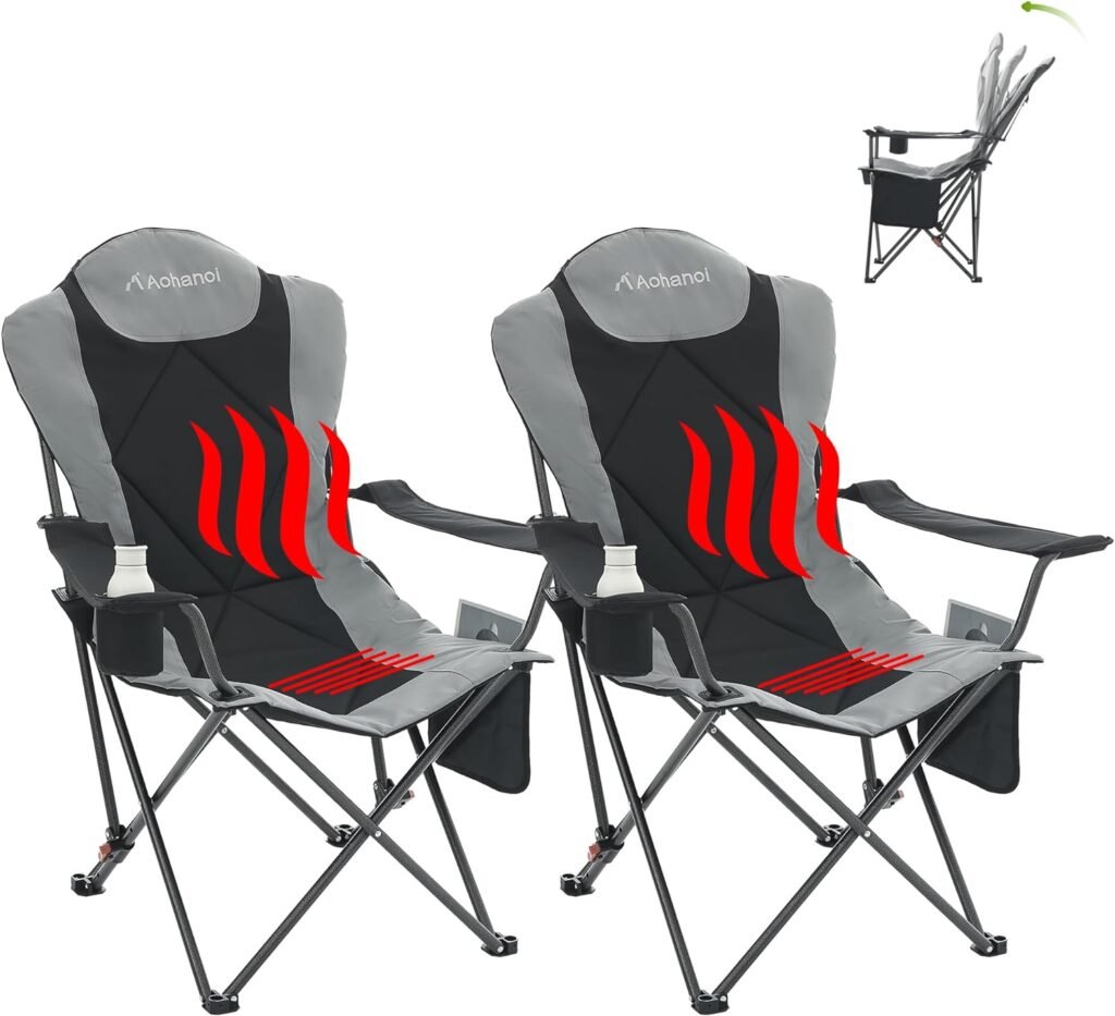 Aohanoi Heated Camping Chair, Camp Chairs for Heavy People with Adjustable Angled Backrest, Outdoor Folding Camping Chairs, Folding Chairs for Outside,350lbs(2 PC, Black)