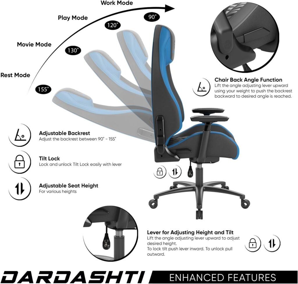 Atlantic Dardashti Gaming/Executive Chair –Molded Cold-Cure Foam, ANSI/BIFMA X5.1 Tested, Class-4 Heavy-Duty Gas Piston, 350 lbs. Weight Load, 8-Way Arm Rests, PN 78050355 – Black with Cobalt Blue