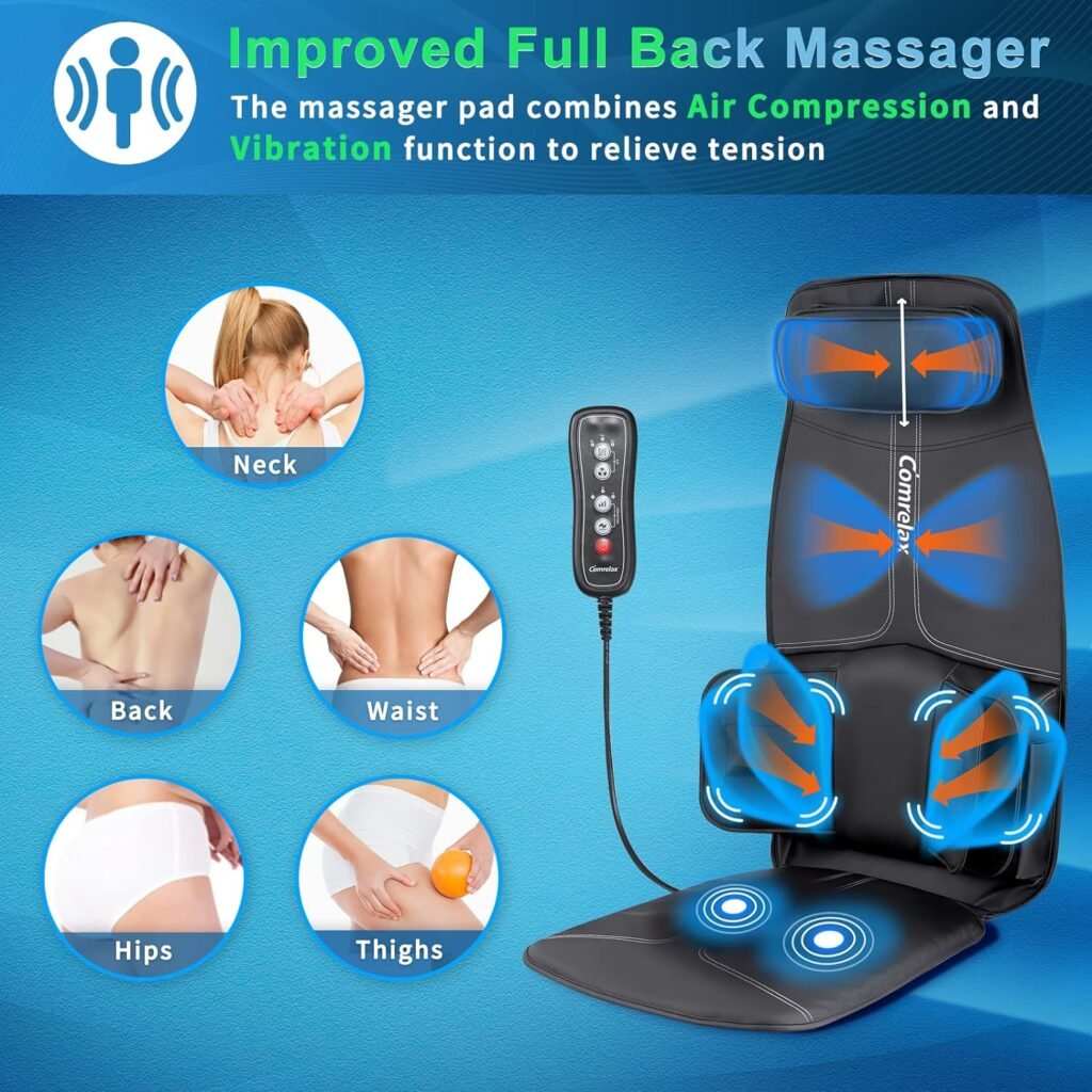 Back-Massager with Compression and Vibration Massage, Massage Chair Pad for Home Office Use, Height-Adjustable Seat Massager Cushion for Neck Back Waist Hips, 3 Modes  3 Intensities, Soft Leather