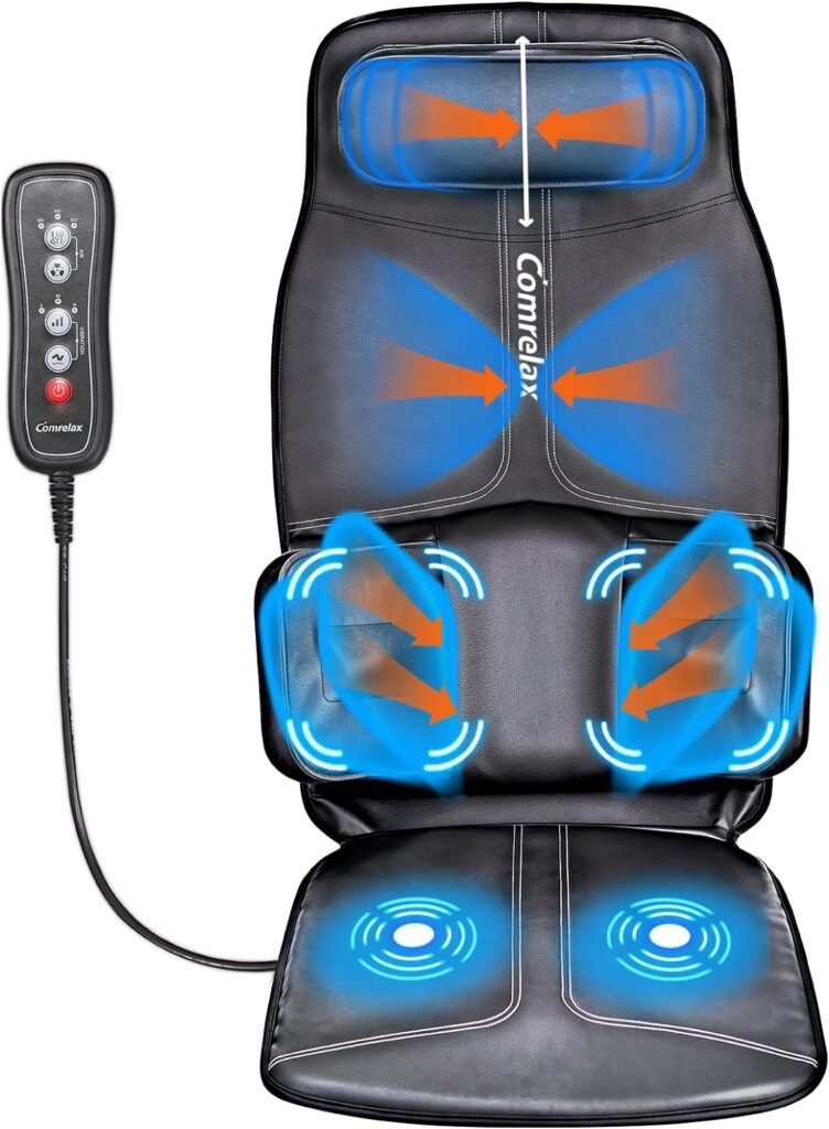 Back-Massager with Compression and Vibration Massage, Massage Chair Pad for Home Office Use, Height-Adjustable Seat Massager Cushion for Neck Back Waist Hips, 3 Modes  3 Intensities, Soft Leather