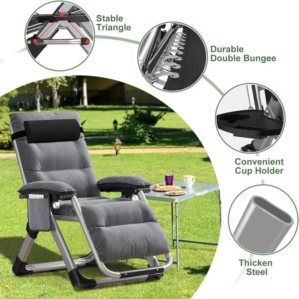 Barbella Zero Gravity Chair Reclining Lounge Chair Patio Chairs, Adjustable Lawn Recliner Folding Lounge Recliners with Removable Cushion, Headrest  Cup Holder, Reclining Chair for Indoor and Outdoor