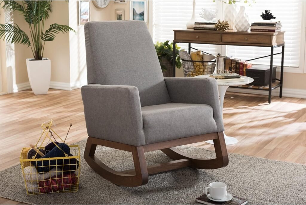 Baxton Studio Yashiya Mid Century Retro Modern Fabric Upholstered Rocking Chair, Wood, Grey