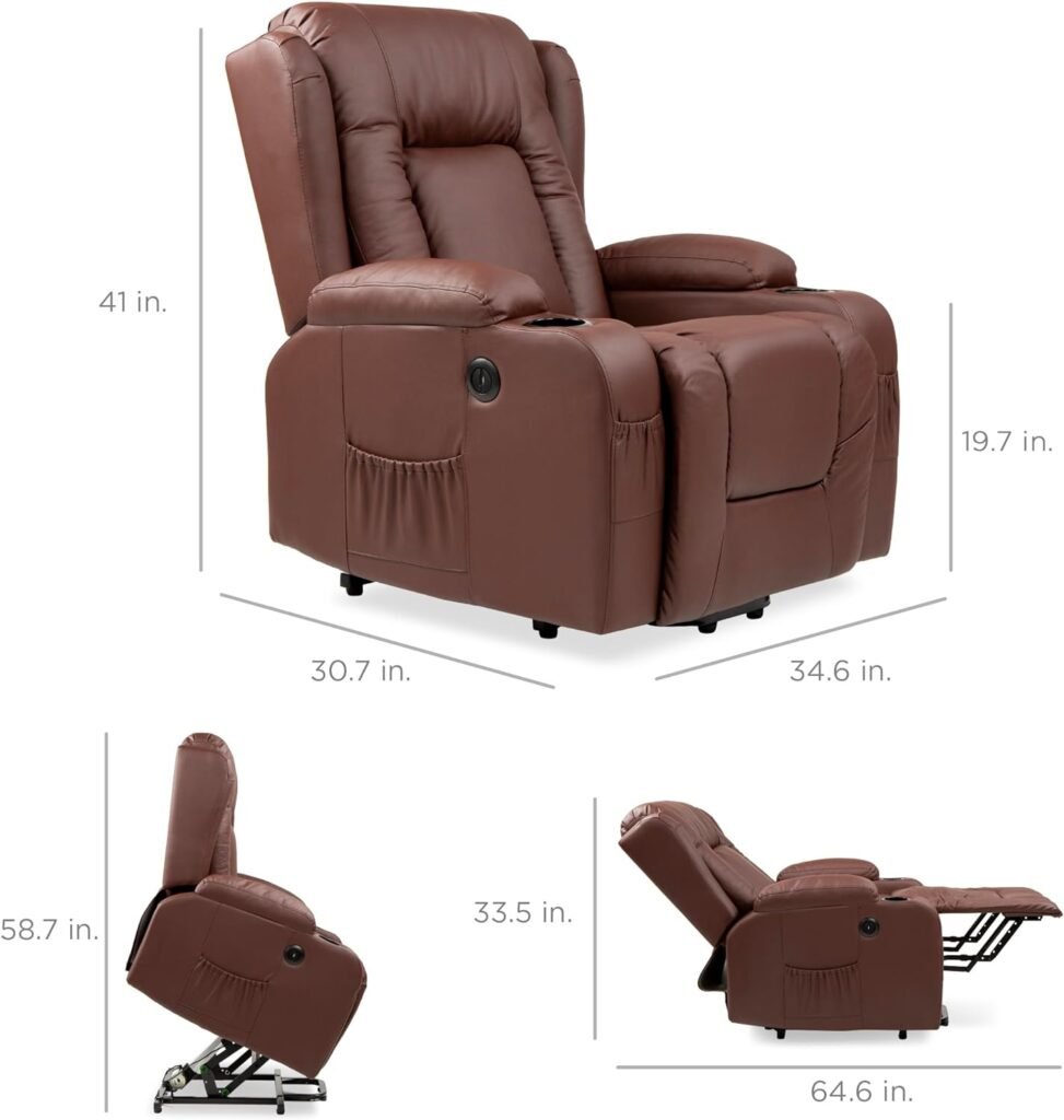 Best Choice Products Electric Power Lift Recliner Massage Chair, Adjustable Furniture for Back, Lumbar, Legs w/ 3 Positions, USB Port, Heat, Cupholders, Easy-to-Reach Side Button - Brown