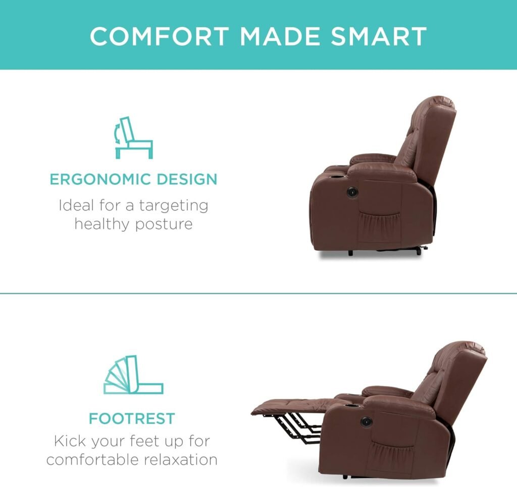 Best Choice Products Electric Power Lift Recliner Massage Chair, Adjustable Furniture for Back, Lumbar, Legs w/ 3 Positions, USB Port, Heat, Cupholders, Easy-to-Reach Side Button - Brown