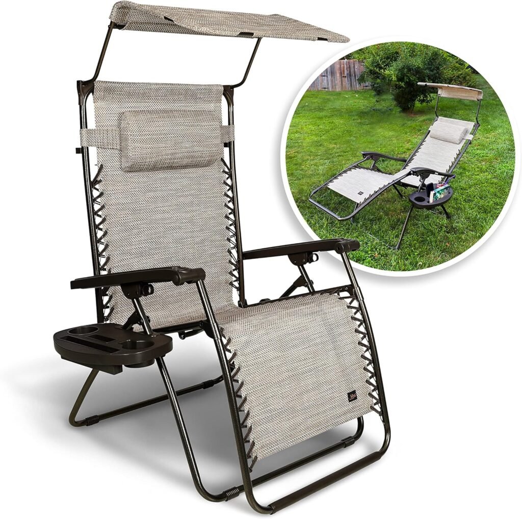 Bliss Hammocks GFC-452WSR Wide XL Zero Gravity w/Canopy, Pillow,  Drink Tray Folding Outdoor Lawn, Deck, Patio Adjustable Lounge Chair, 360 lbs. Capacity, Weather and Rust Resistant, 30-Inch, SAND