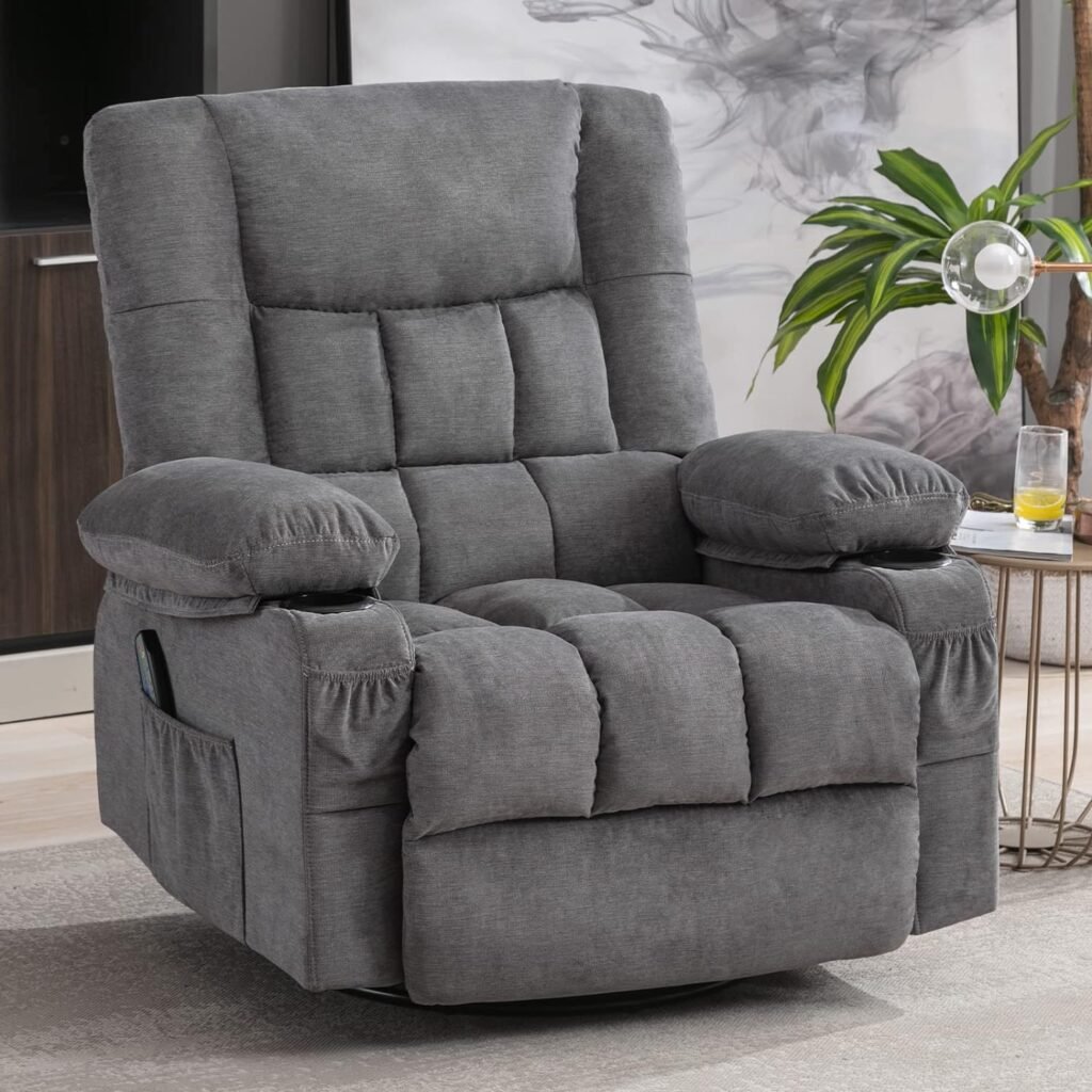 BOSMILLER Massage Swivel Rocker Recliner Chair with Vibration Massage and Heat Ergonomic Lounge Chair for Living Room with Rocking Function and Side Pocket, 2 Cup Holders, USB Charge Port