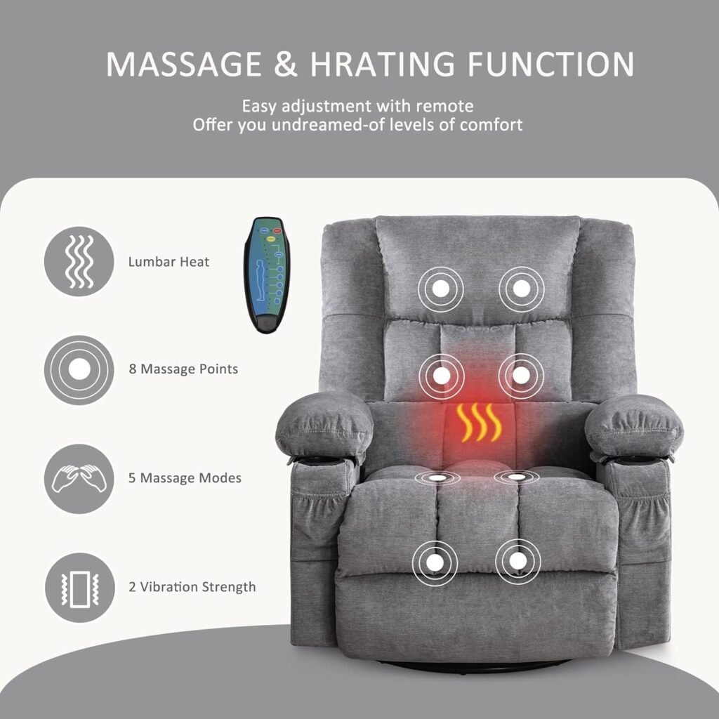 BOSMILLER Massage Swivel Rocker Recliner Chair with Vibration Massage and Heat Ergonomic Lounge Chair for Living Room with Rocking Function and Side Pocket, 2 Cup Holders, USB Charge Port