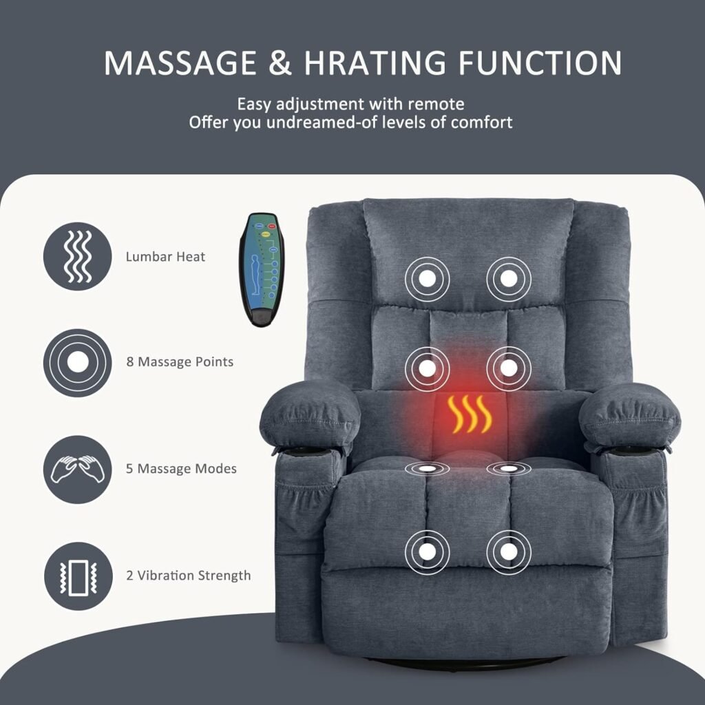 BOSMILLER Massage Swivel Rocker Recliner Chair with Vibration Massage and Heat Ergonomic Lounge Chair for Living Room with Rocking Function and Side Pocket, 2 Cup Holders, USB Charge Port