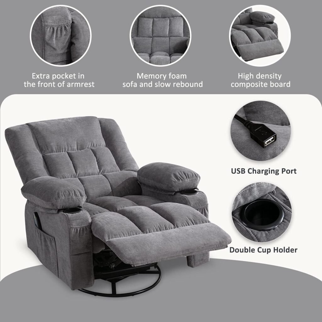 BOSMILLER Massage Swivel Rocker Recliner Chair with Vibration Massage and Heat Ergonomic Lounge Chair for Living Room with Rocking Function and Side Pocket, 2 Cup Holders, USB Charge Port