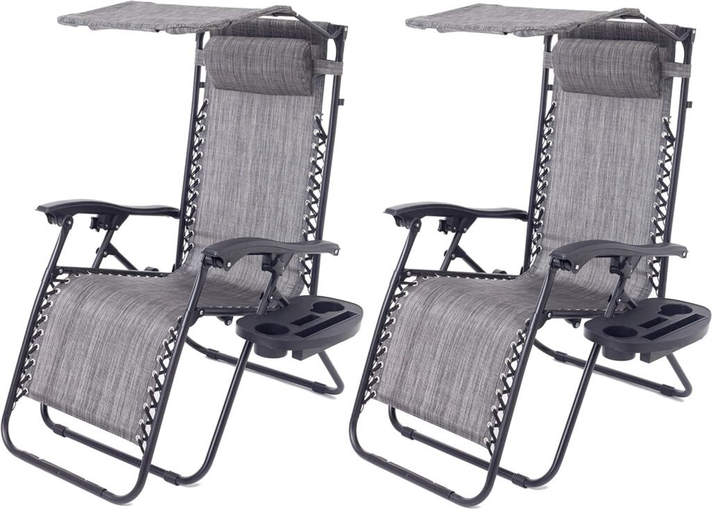 BTEXPERT CC5044GR-2 Zero Gravity Chair Lounge Outdoor Pool Patio Beach Yard Garden Sunshade Utility Tray Cup Holder Case Pack (Set of 2 pcs), Two Piece, Gray with Canopy