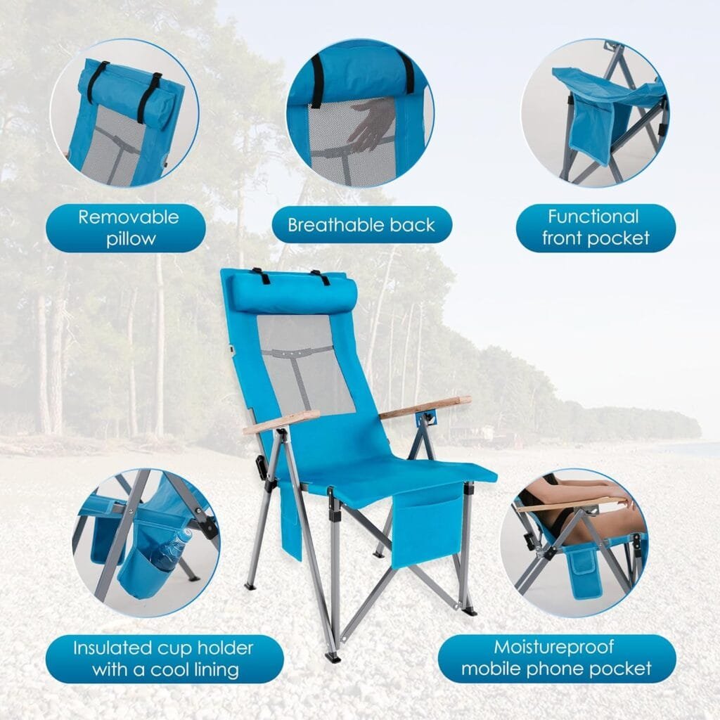 Camping Folding Chair with Hard Wood Armrest  Reclining High Back, Cup Holder, Carry Bag - Portable Foldable Beach Lawn Chair, Outdoor Compact Camp Chair for Adults, Blue