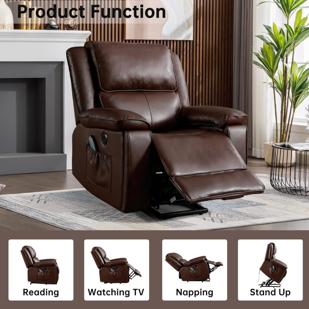 CANMOV Genuine Leather Power Lift Recliner Chair for Elderly, Massage and Heated Reclining Chair Electric Lift Chair for Seniors Single Sofa Chair with Cup Holders, Side Pocket and USB Port （Brown