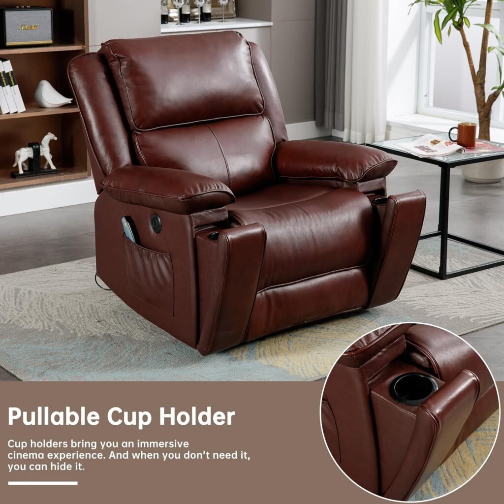 CANMOV Genuine Leather Power Lift Recliner Chair for Elderly, Massage and Heated Reclining Chair Electric Lift Chair for Seniors Single Sofa Chair with Cup Holders, Side Pocket and USB Port （Brown